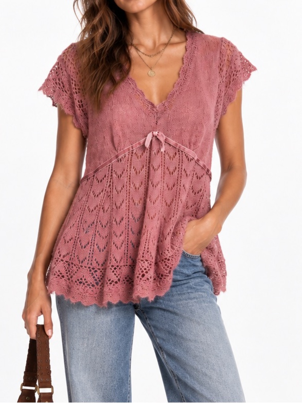 La Redoute Création Pink Mohair Crochet Knit Boho Tunic Top Size 10/12